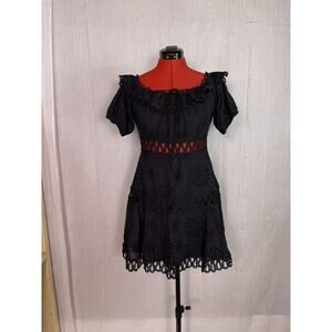 BANJUL Dress Womens Size Medium Black Lace Ruffle Mini Goth Cotton D915